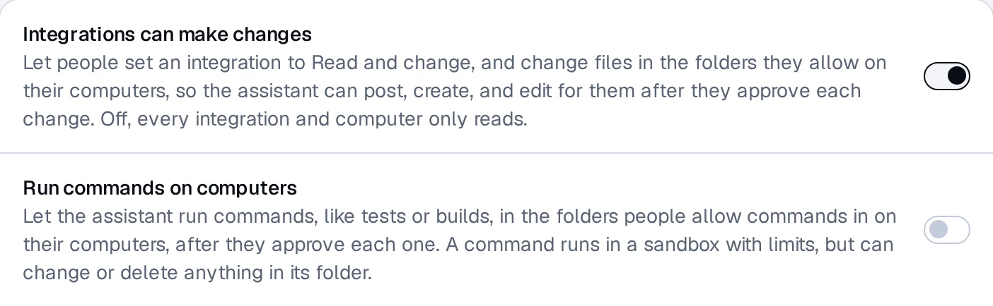 Settings, Organization: the organization's switches for Integrations can make changes and Run commands on computers