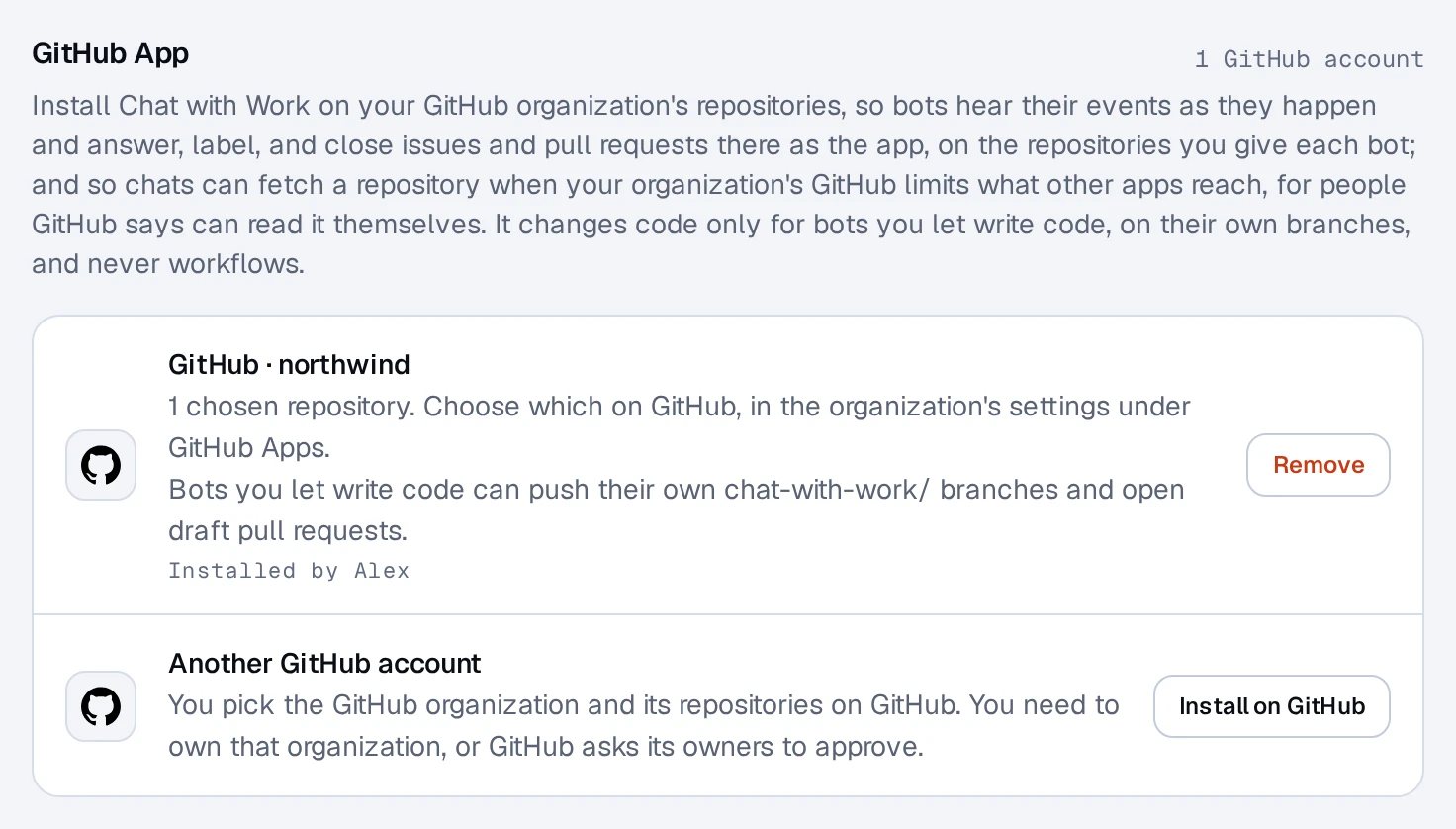 Settings, Apps, GitHub App: the GitHub account it's installed on, how many repositories it covers, and that bots set to write code can push their own branches