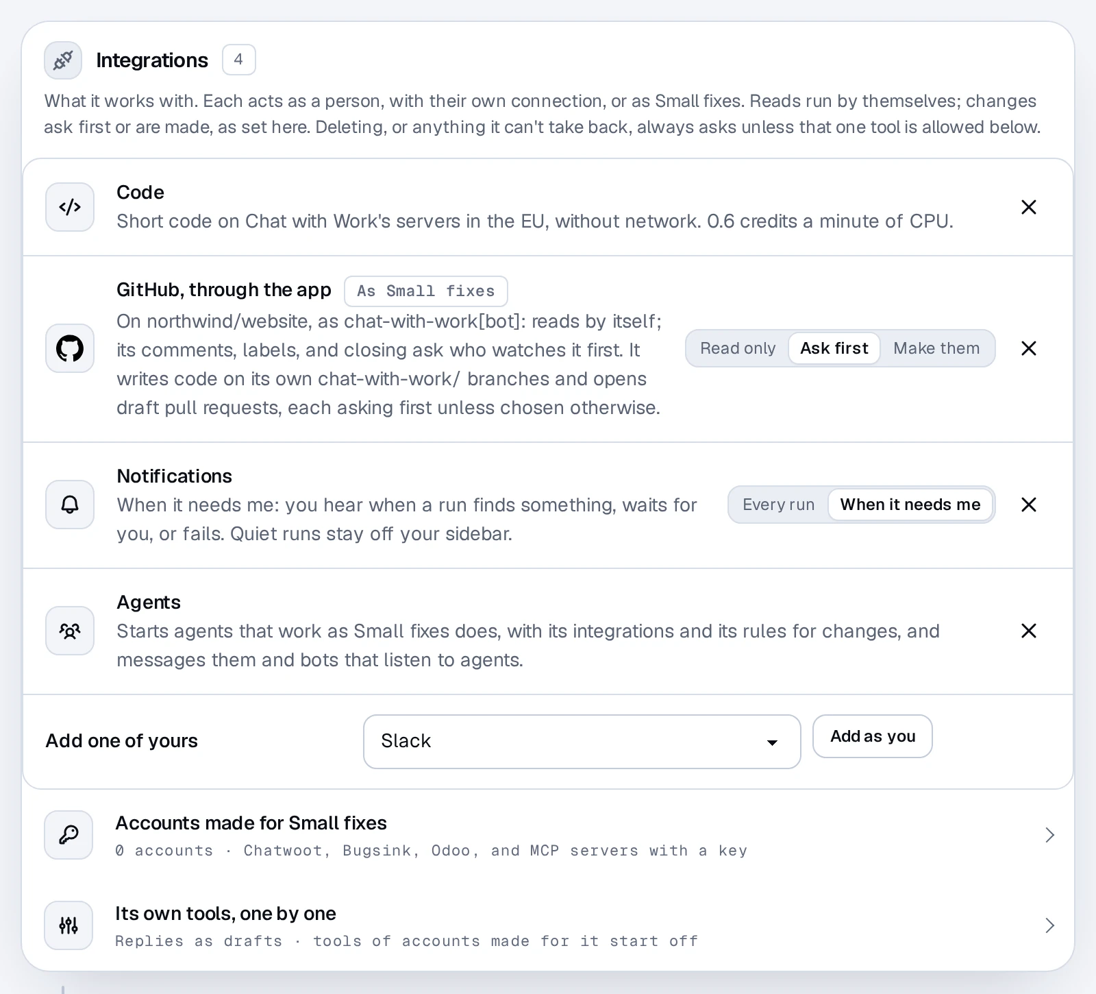 A bot's Integrations: Code, GitHub through the app with its Read only, Ask first, and Make them choice, Notifications, and Agents