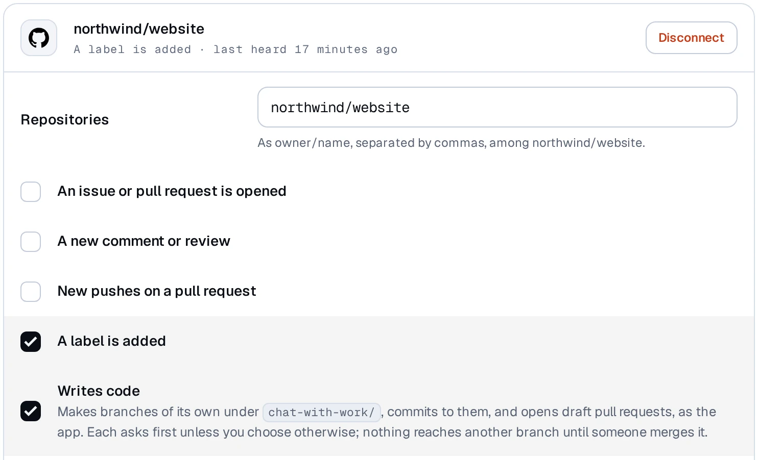 A bot's GitHub setup: its repository, the events it listens to, and Writes code, which lets it make its own branches and draft pull requests
