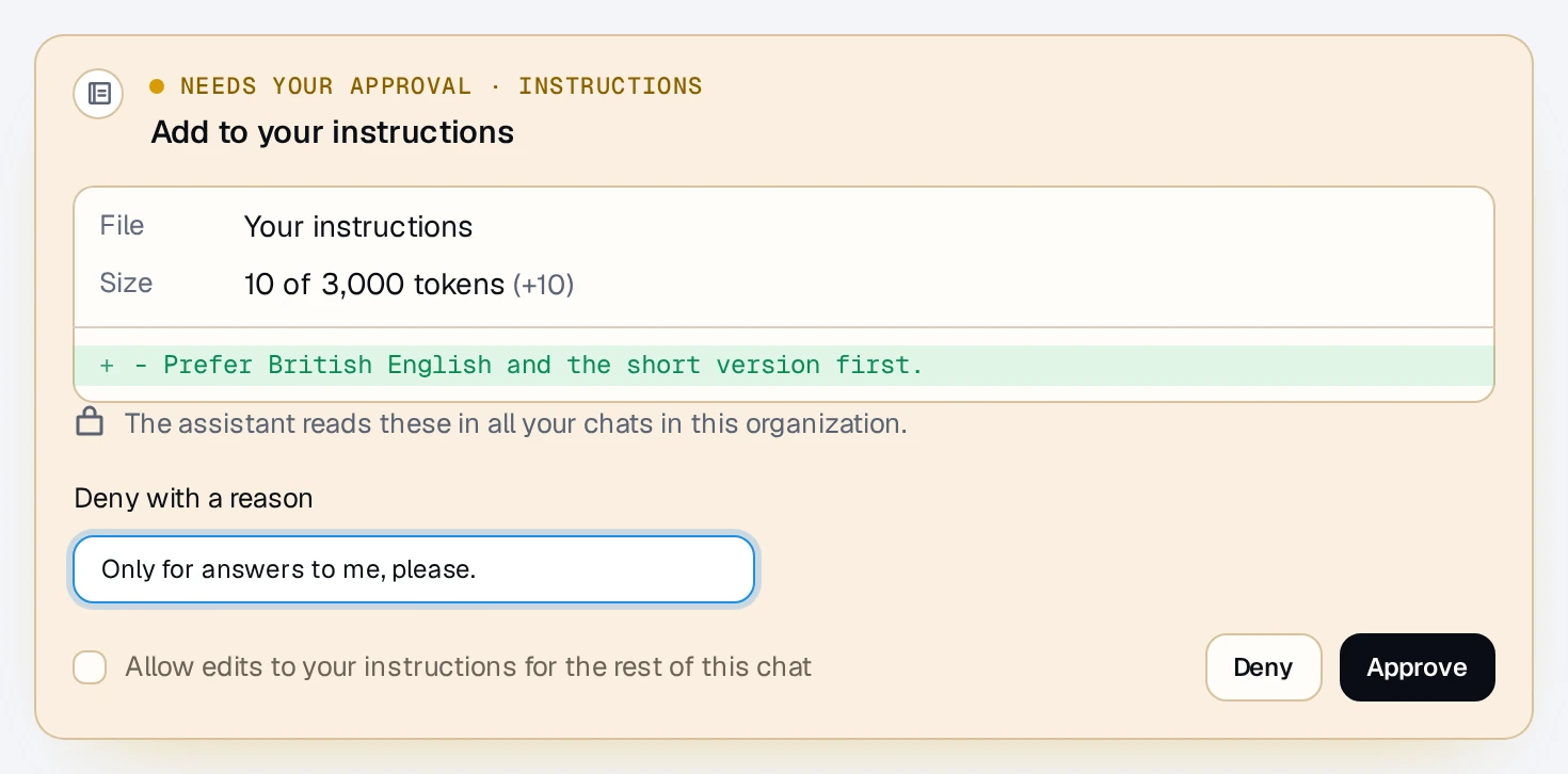 Deny with a reason opened on an approval card, with a reason typed in before clicking Deny