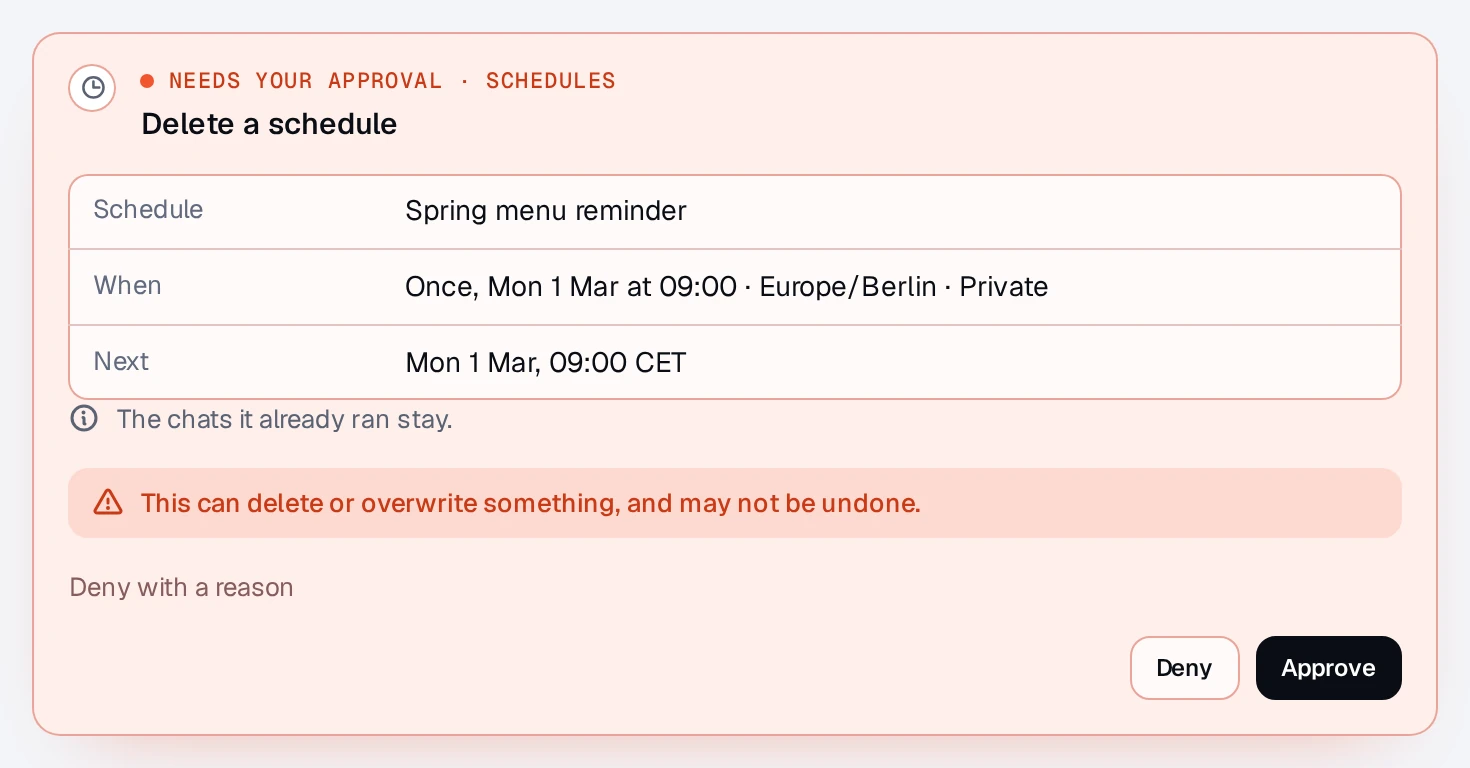 A destructive change waiting for approval: deleting a schedule, in a red card that warns it may not be undone, without the checkbox