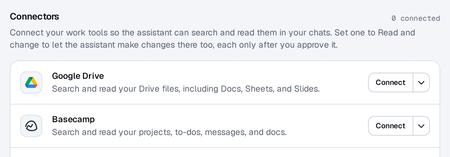 Settings, Connectors: each service on its own row with a Connect button
