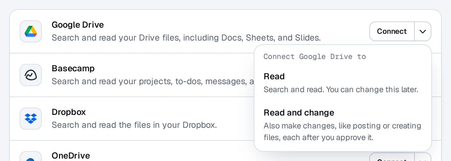 The arrow beside Connect opened, offering Read, or Read and change