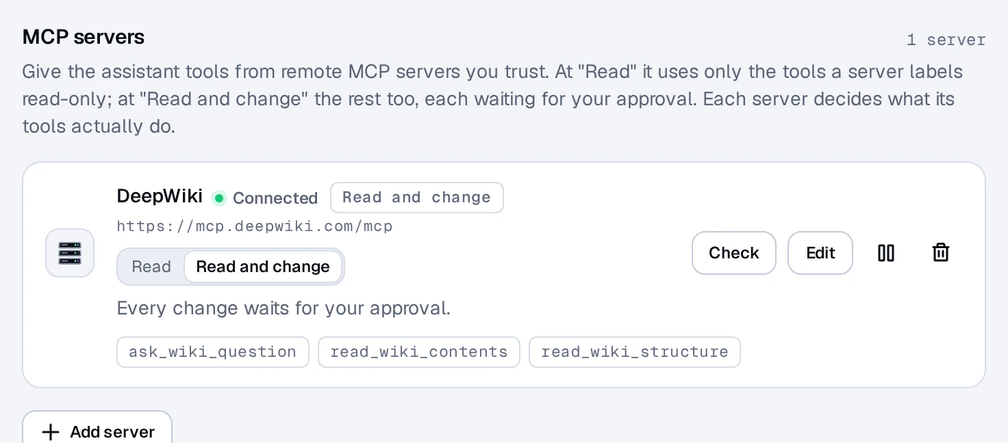 An MCP server's row: its address, the Read / Read and change switch, the tools it offers, and buttons to check, edit, pause, or remove it