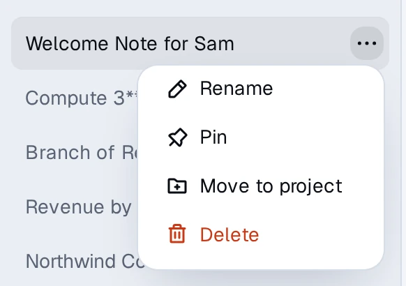 A chat's menu in the sidebar, with Rename, Pin, Move to project, and Delete
