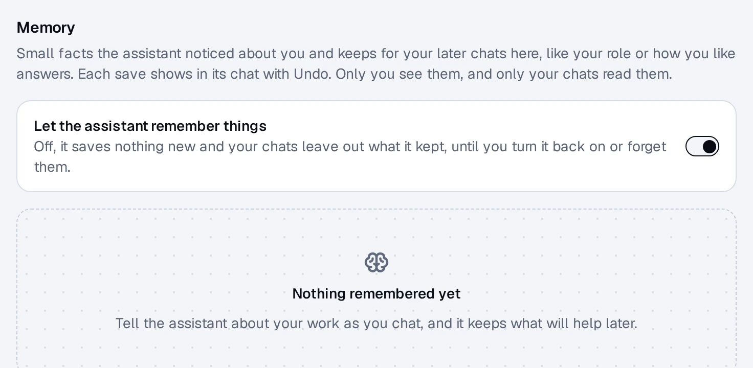 Settings, Instructions, Memory: the switch that lets the assistant remember things, above the list of what it remembers