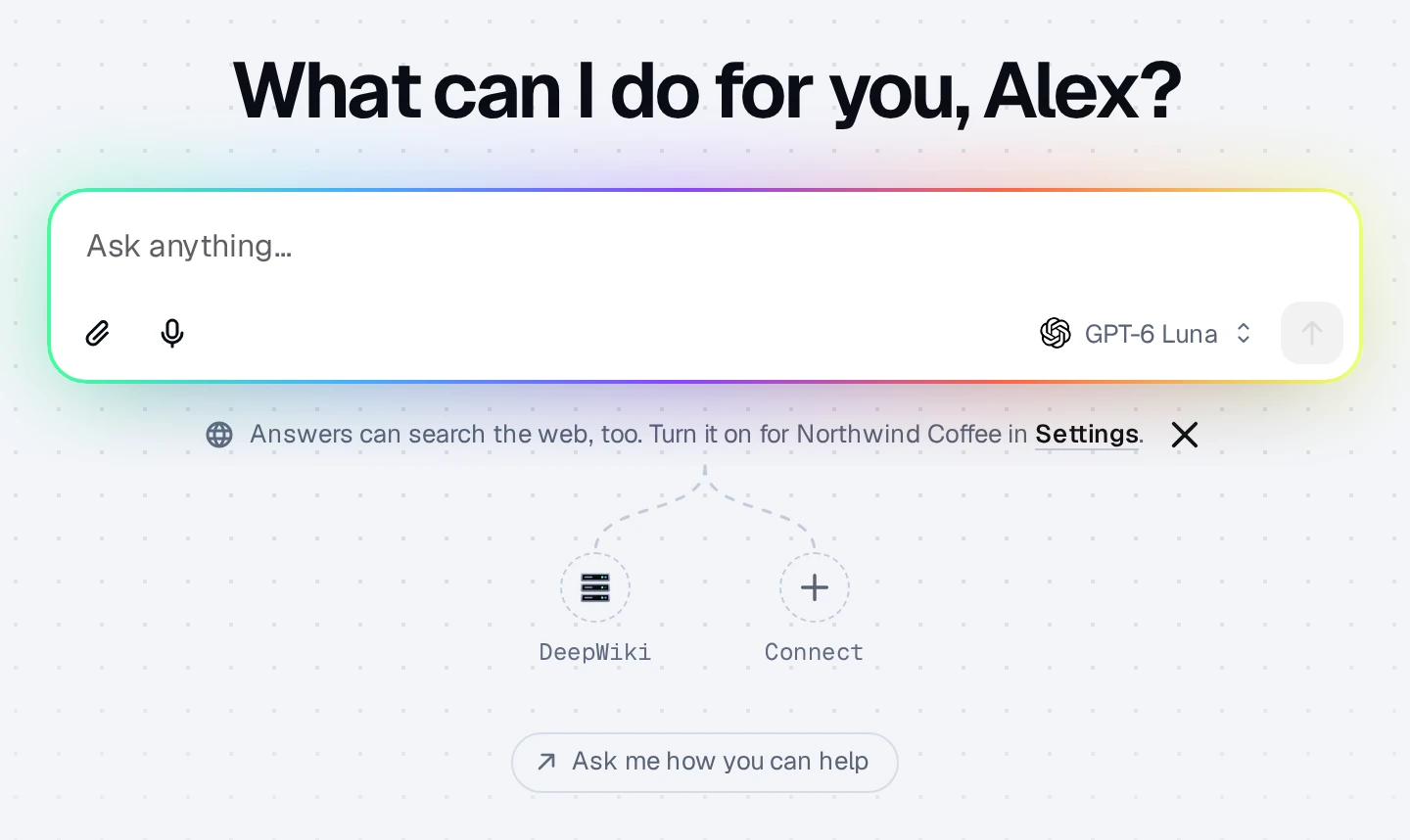 A new chat: the composer, with the services you've connected fanned out below it and a Connect button at the end