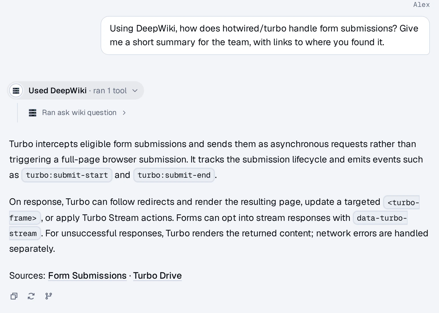 An answer in a chat: the line "Used DeepWiki, ran 1 tool" opened to show its step, then the answer with links to what it used
