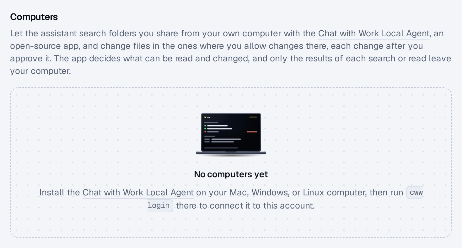 Settings, Connectors, Computers before any computer is connected: install the Local Agent, then run cww login