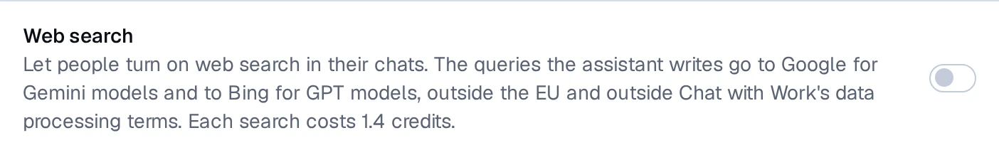 Settings, People: the Web search switch, which says the queries go to Google or Bing, outside the EU