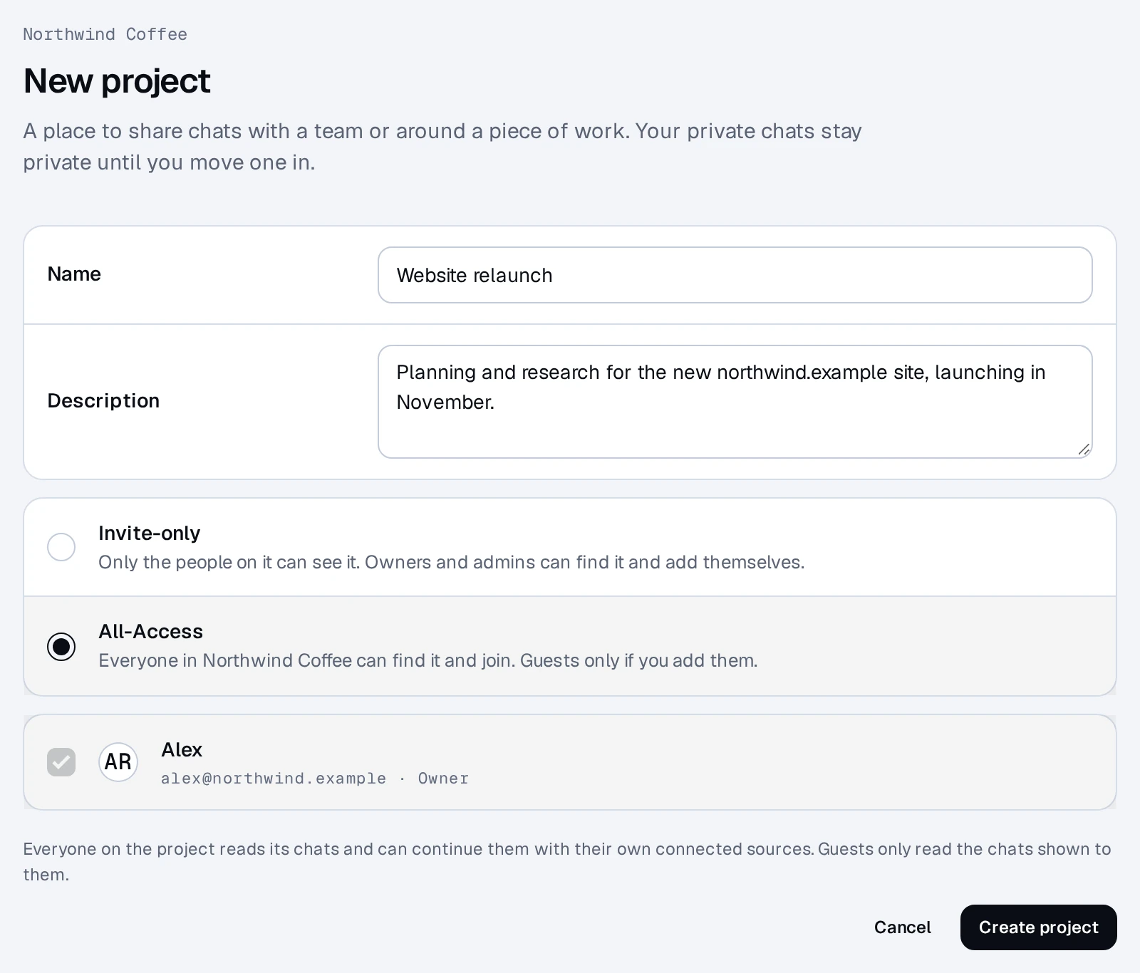 The New project form: a name, a description, Invite-only or All-Access, and the people to add