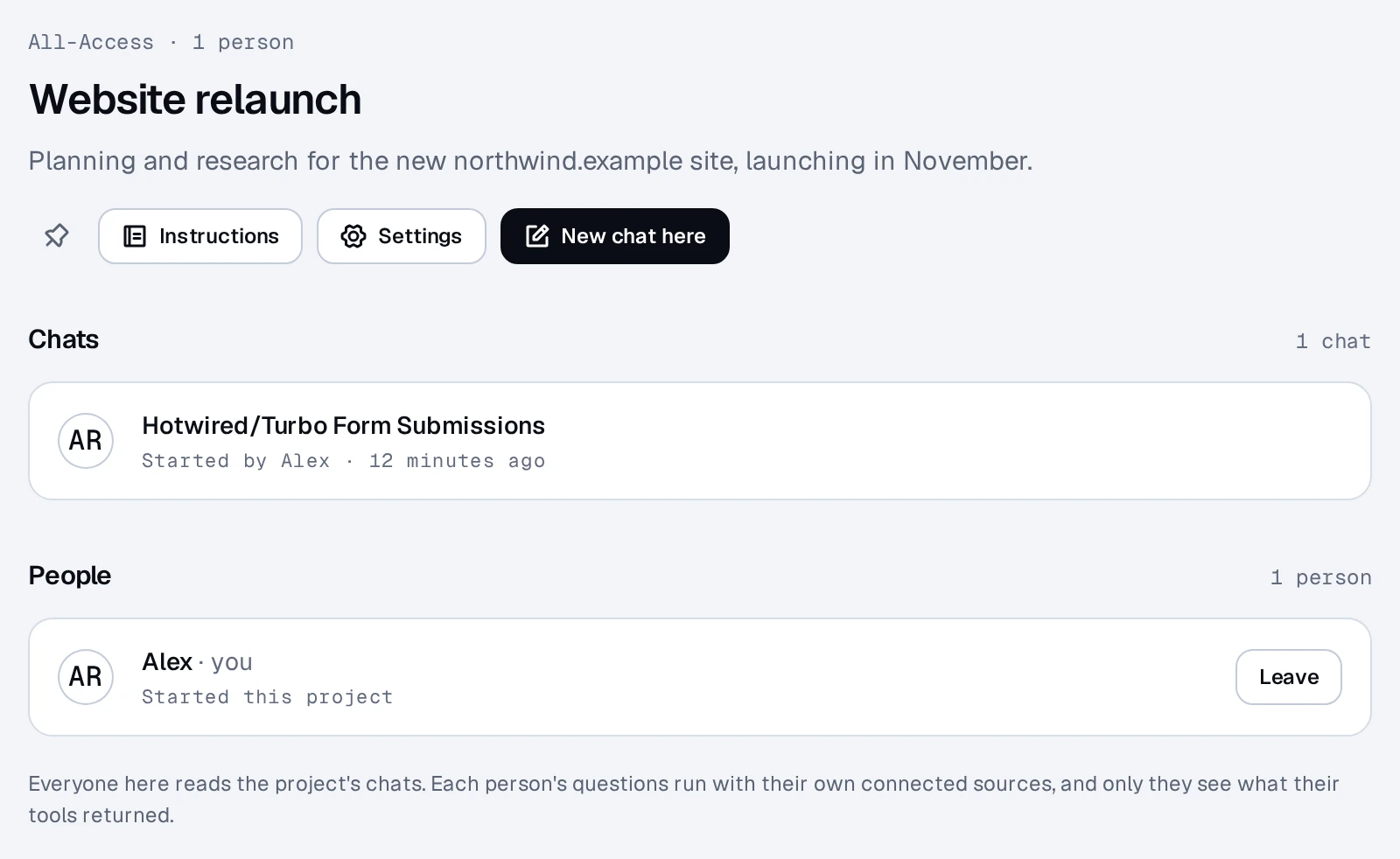 A project's page: its description, New chat here, its chats, and the people on it