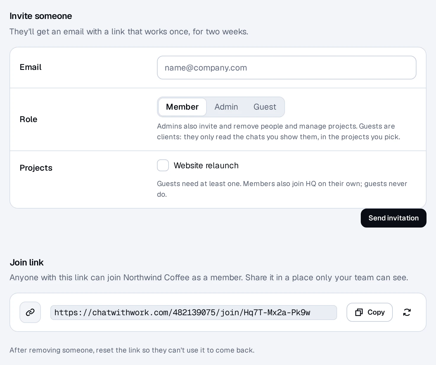 Settings, People: Invite someone, with an email address, a role (Member, Admin, or Guest), and projects, then the organization's join link with Copy and reset