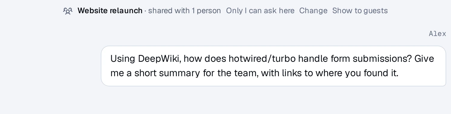 The project line above a project chat: the project's name, who it's shared with, Only I can ask here, Change, and Show to guests