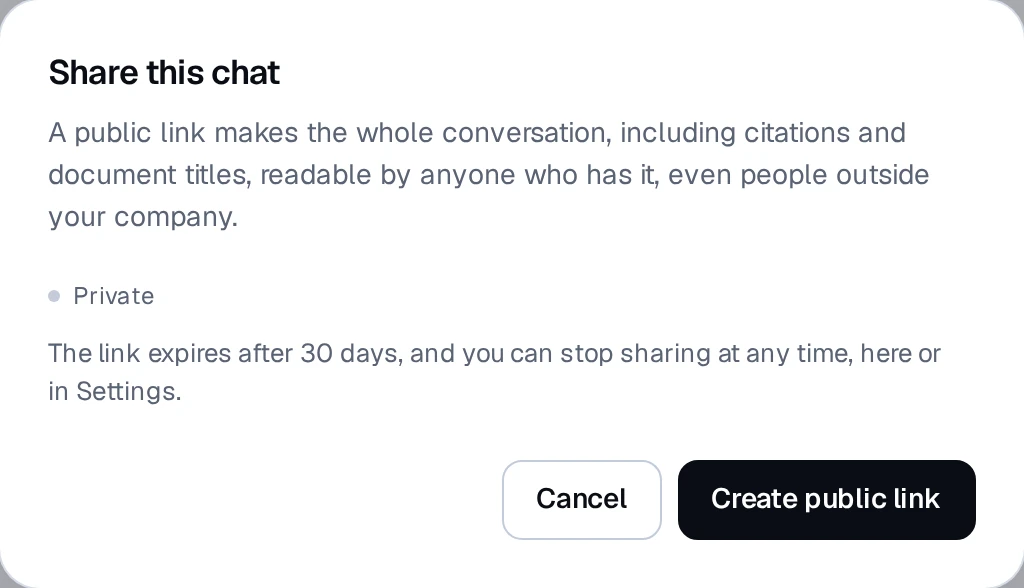 The Share this chat window, saying who can read a public link, with Create public link