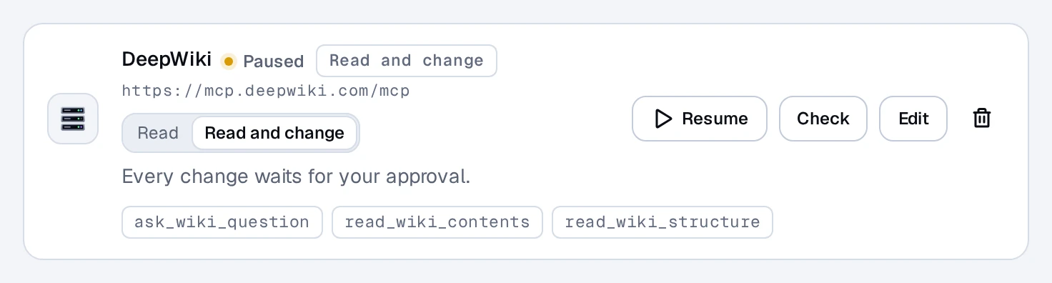A paused MCP server's row in Settings: Paused next to its name, and a Resume button
